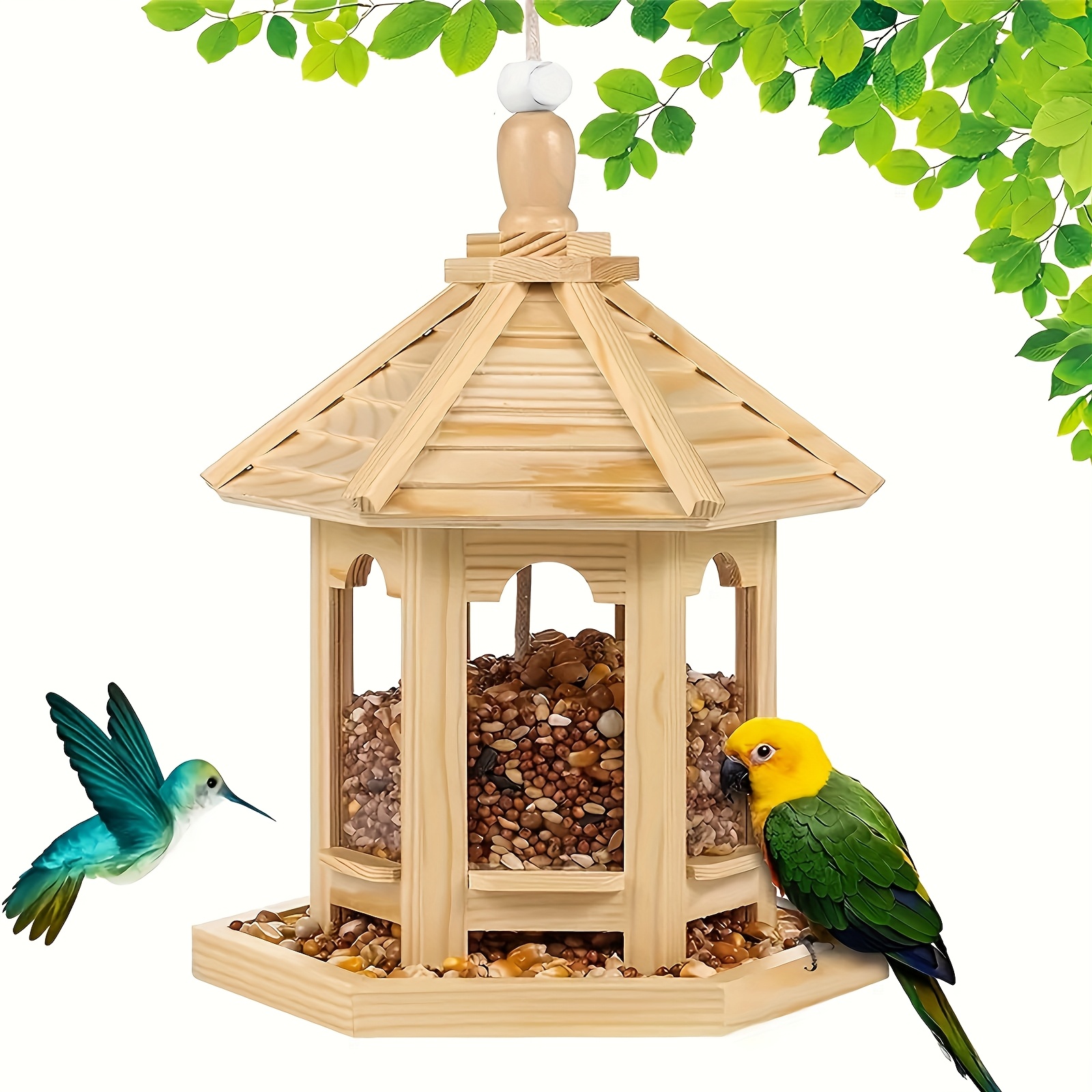 TEMU 1pc Wooden Bird Feeder, Hanging Bird Feeding Station For Hummingbirds, Parrots, , , , Squirrel-proof Bird Feeder For Outdoor Or Balcony Use,