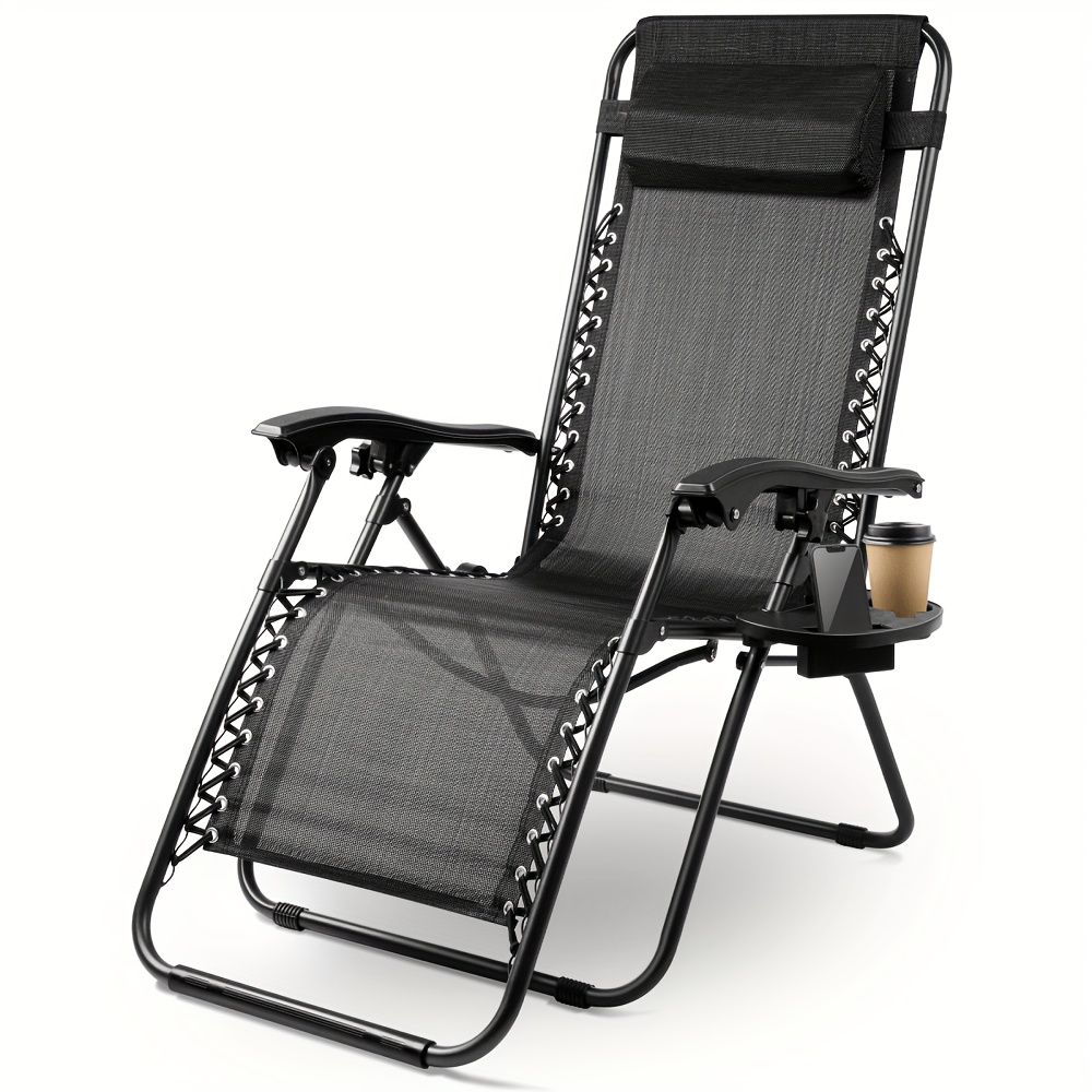 Image of Folding Recliner, Sun Lounger, Garden Lounge Chair With Drink Holder, Breathable Garden Chair, Chair, Black