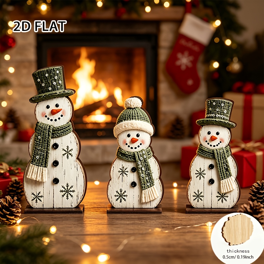 TEMU Plat 2D, 3pcs Décoration de Table de Neige Vintage - Ornements de Bureau Artificiels avec Écharpe Verte & Imprimé de Neige Adaptés d'Hiver de