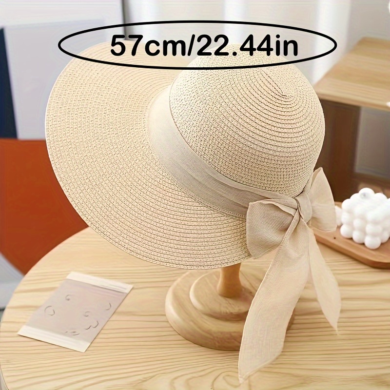 womens boho bowknot straw hat simple solid color wide brim Temu
