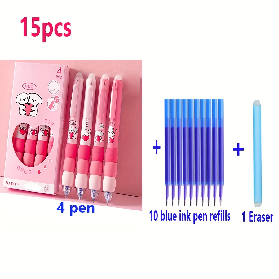 TEMU Lot de 15, 4 stylos + 10 recharges + 1 stylo gel effaçable, stylo gel 0,5 mm bleu motif dessin , stylo à prise souple rétractable, papeterie