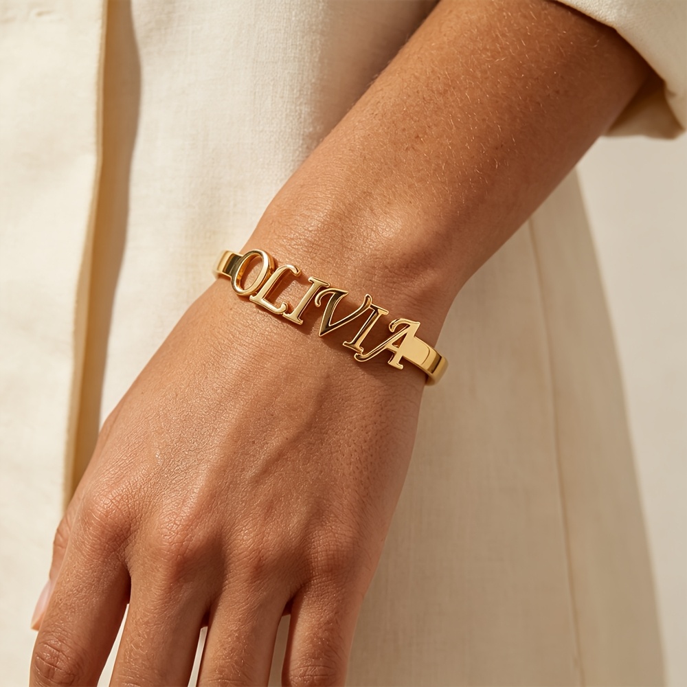 TEMU ["Personalizado] Brazalete abierto de acero inoxidable dorado con personalizado, pulsera personalizada con , joyería personalizada, regalo de