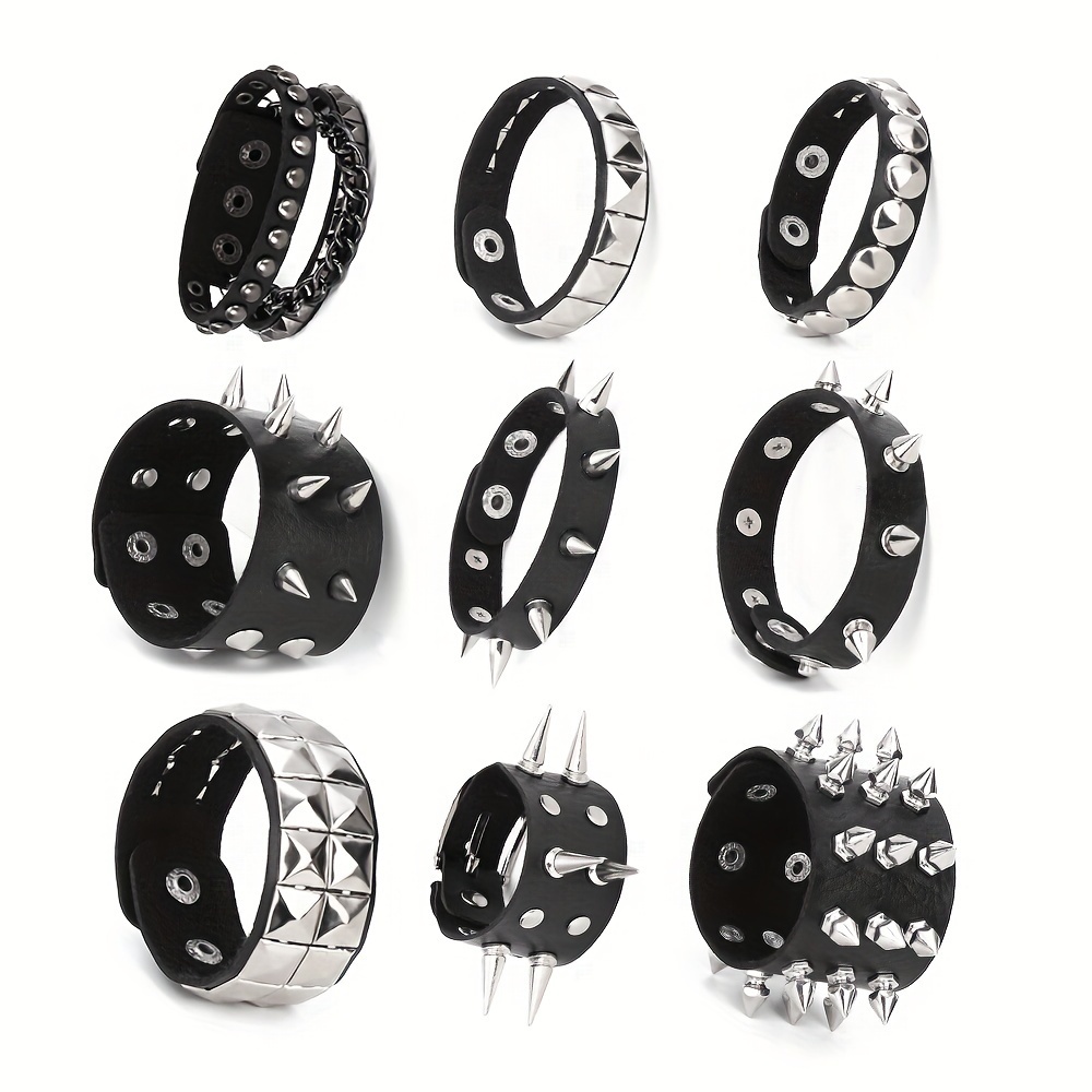 

9-piece Unisex Pu Leather Spiked Rivet Bracelets, Y2k Rock Wristbands For Women & Men, Adjustable Bangle Cuffs For Punk Rock Fashion Accessory