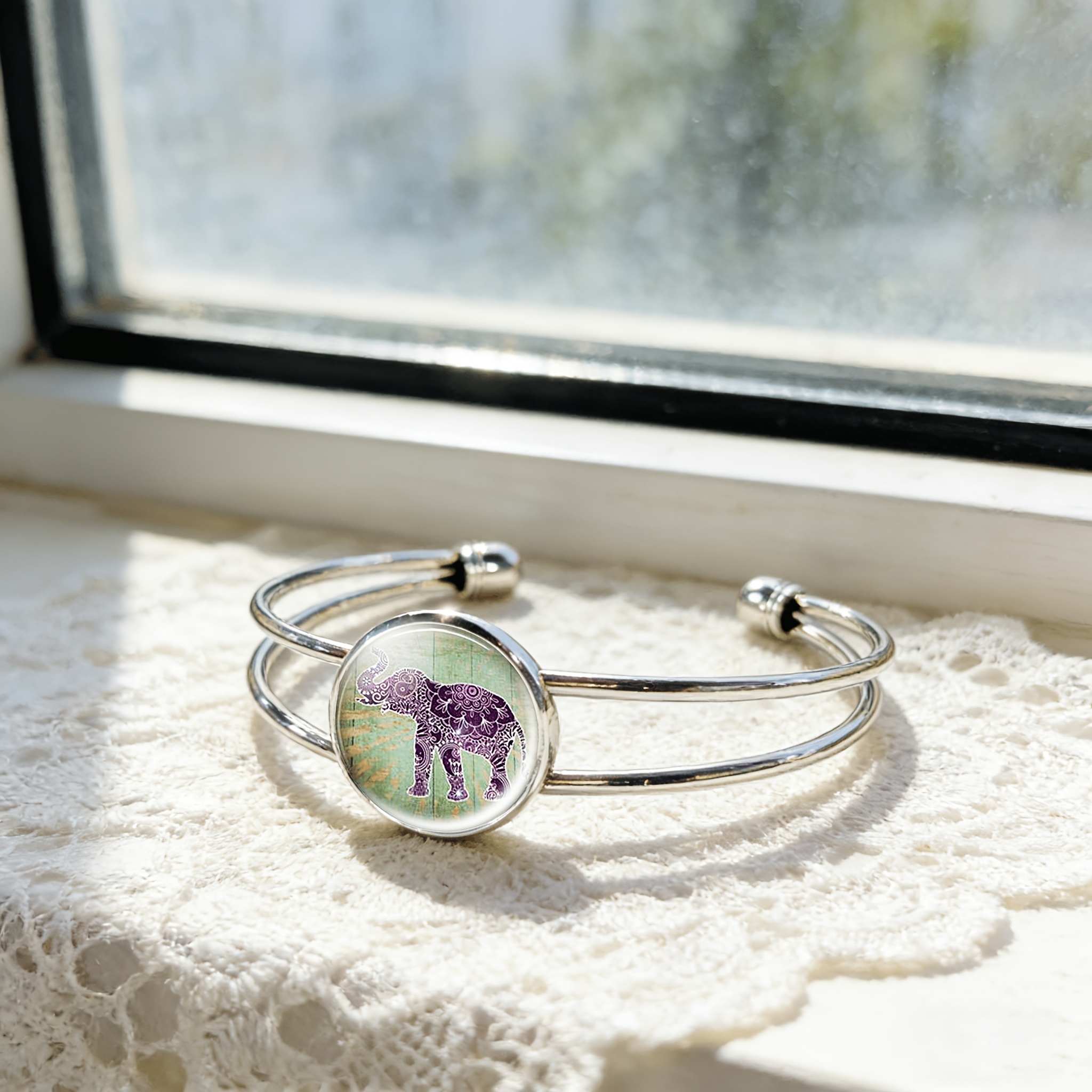 Adjustable Open Bangle with Purple Elephant Pattern