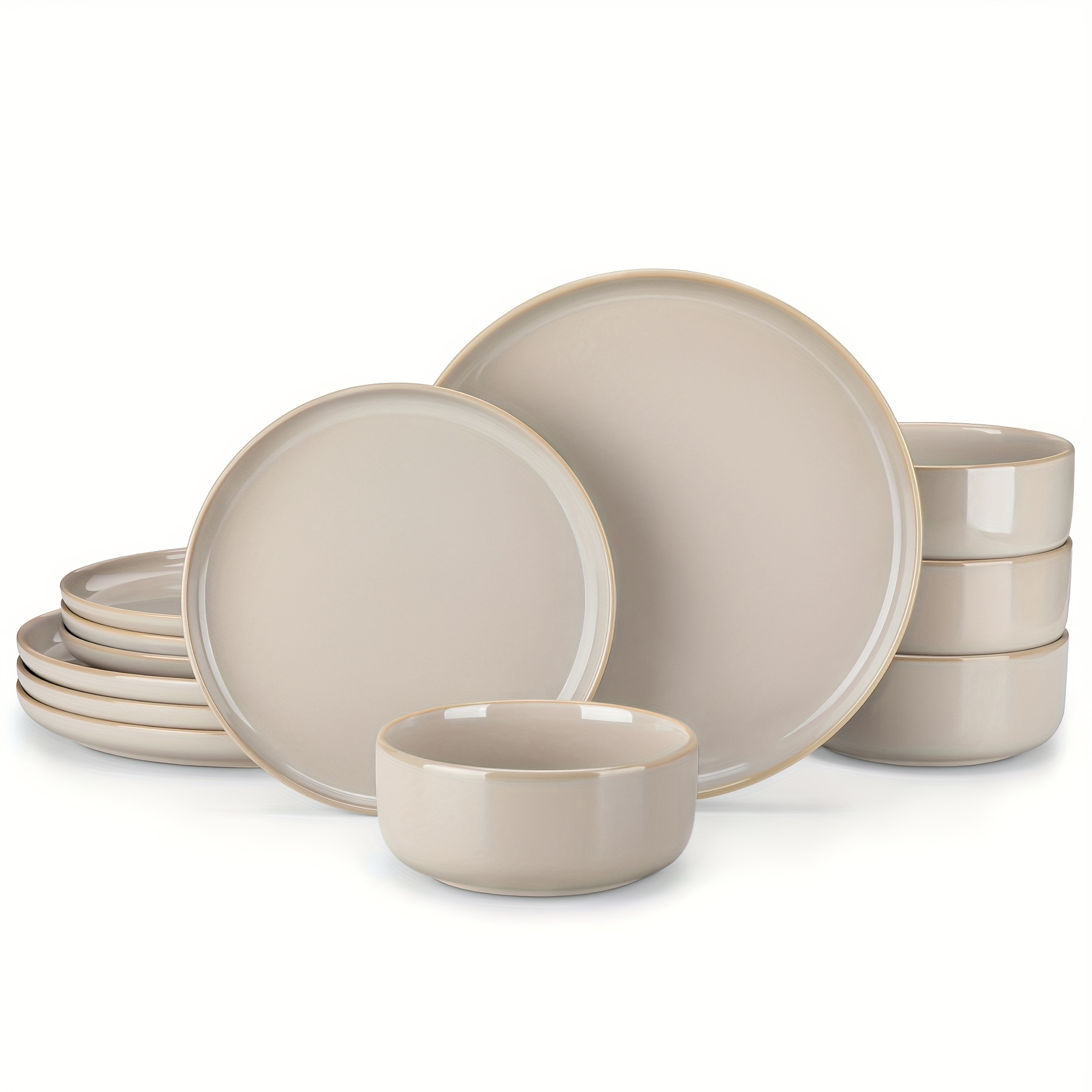 Image of Set Of 12 Dinnerware Items In Gray And Brown Stoneware Featuring A Kiln Change Glaze, Including Dinner Plates, Dessert Plates, And Cereal Bowls, Designed To Serve 4 People