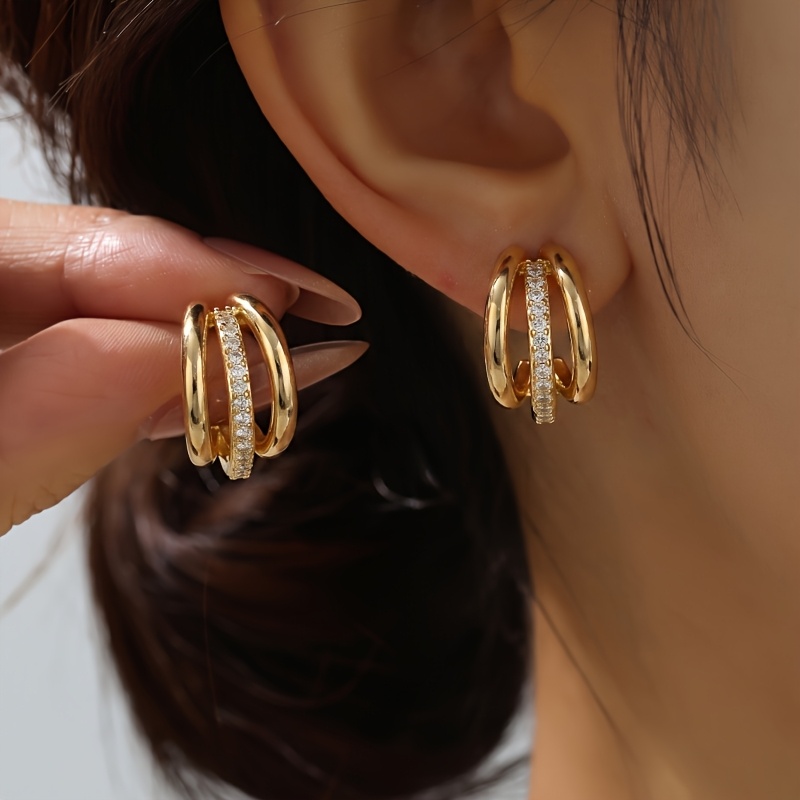 TEMU 1 di Orecchini a Perno con Zirconia a , Eleganti Orecchini Semi-Circolari a Tre Qualit�, Clip per Orecchie Premium per il Pendolarismo, Gioielli