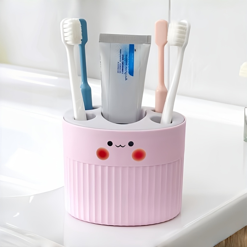 TEMU Cute Happy Face Toothbrush And Toothpaste Holder, 1pc 5-slot Plastic Bathroom Organizer, Multi-use Storage Stand For Makeup Brushes And Pens, 3