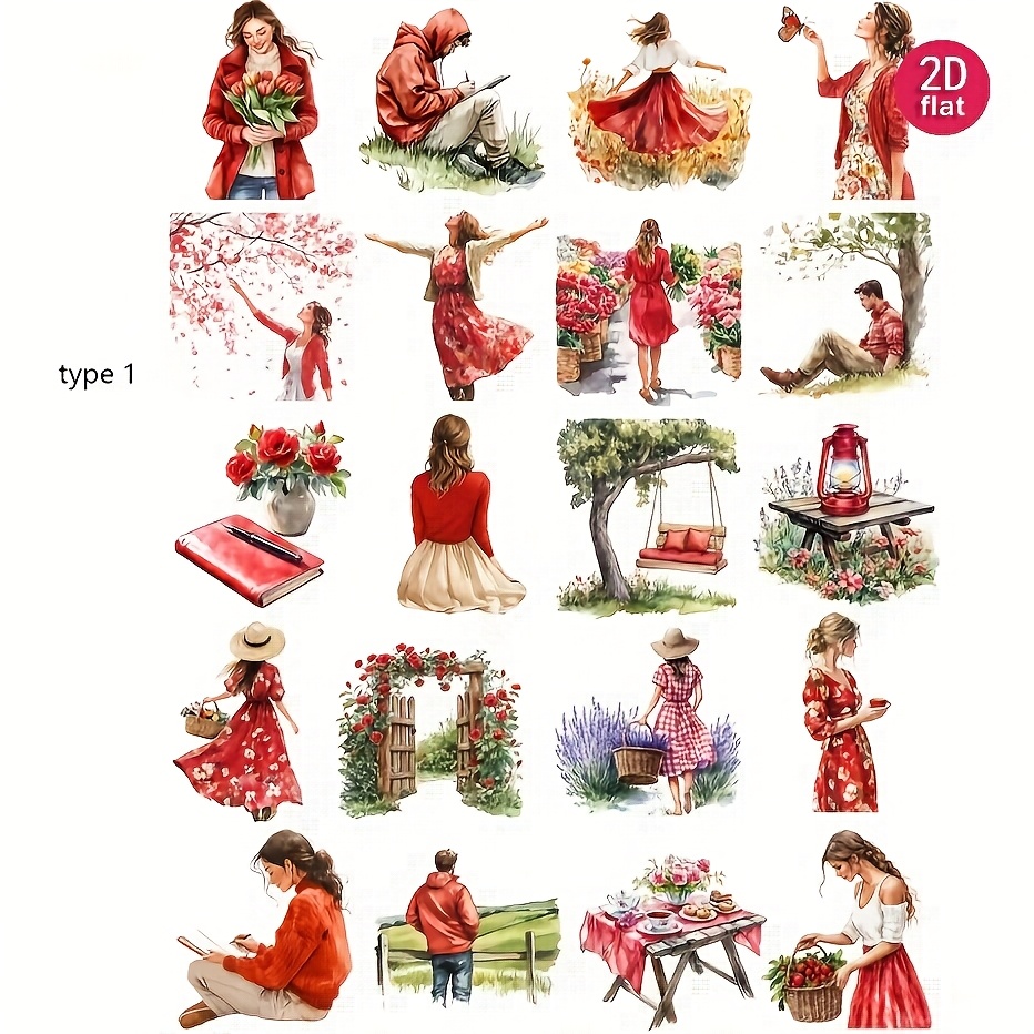 Image of 1 Pack 2d Flat Stickers Dress Girl Outing Picnic Picking Flowers Stickers Journal Notebook Photo Stationery Stickers School Handmade Materials Stickers Junkjournal Stickers