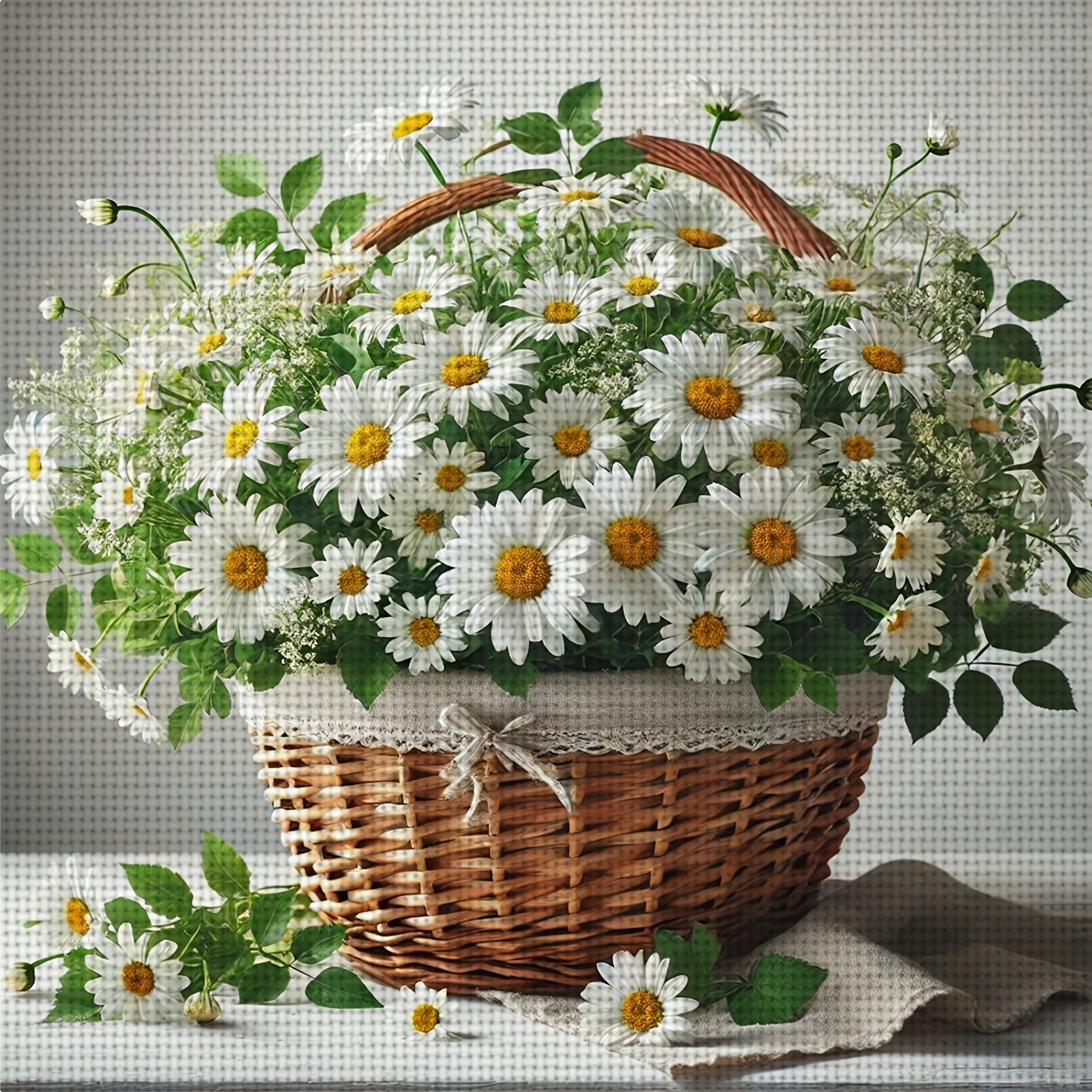 TEMU 1pc New 11ct/14ct Printed Cross Stitch Diy Kit - "basket Full Of White Daisies", A Relaxing Diy Cross Stitch Kit Suitable For Adult Beginners,