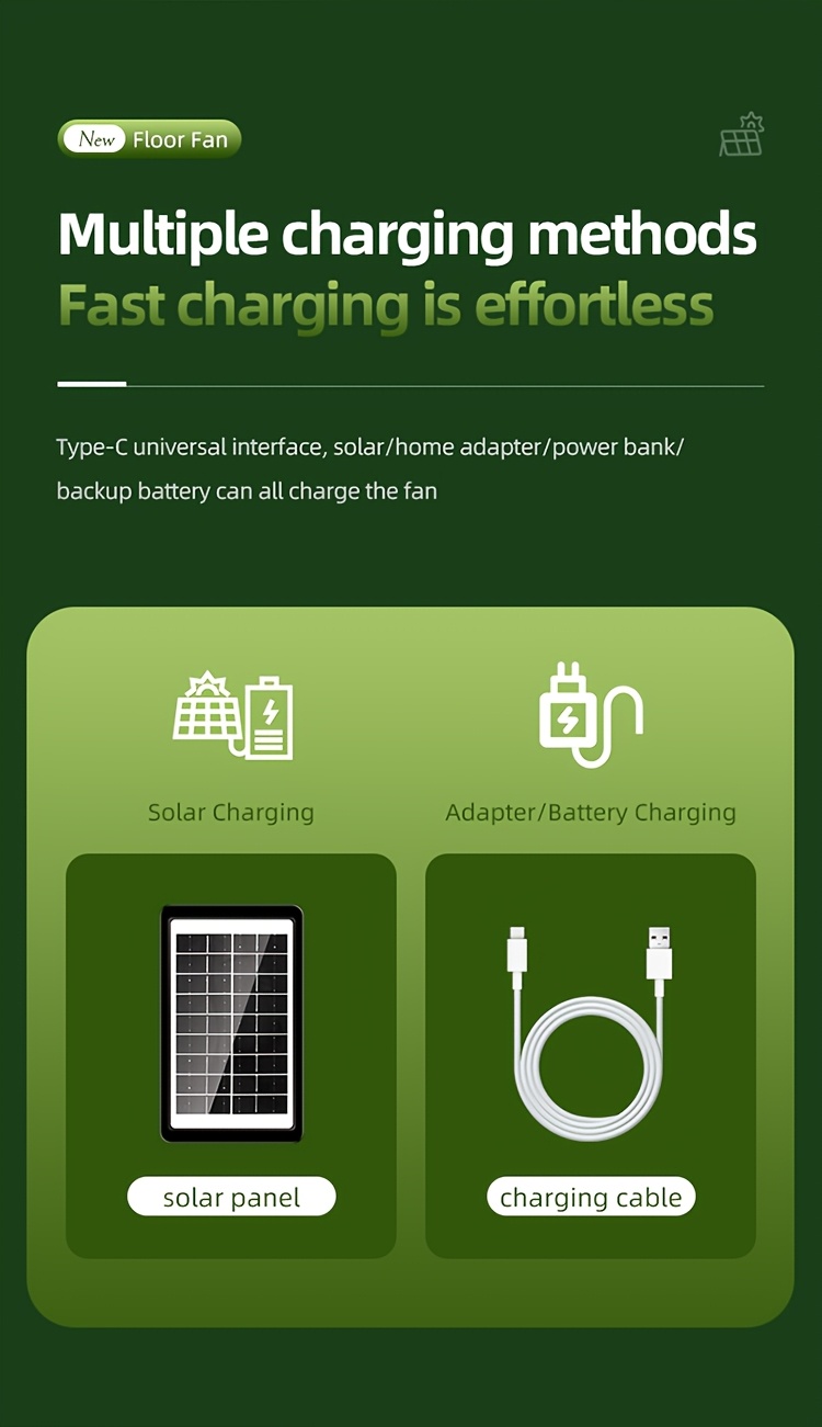 A Easy Outdoor Solar-Powered Floor Fan with a Circulating Function, Featuring Four Height Adjustment Modes, a Type-C Quick Charging Version, a Five-Speed Desktop Fan, a Retractable Electric Floor Fan, an Ultra-Long-Lasting Outdoor Cooling Device