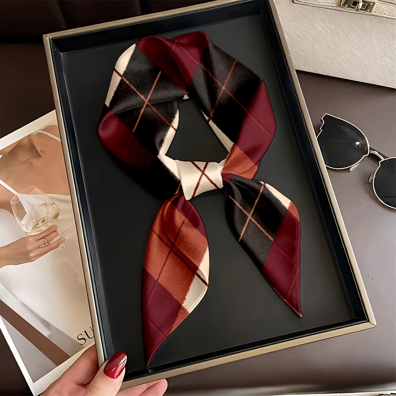 TEMU 1pc 35-inch Square Headscarf Suitable For Daily Wear, Cycling & Music Festivals - Wine Red/black/brown Plaid Vintage Plaid Scarf For,