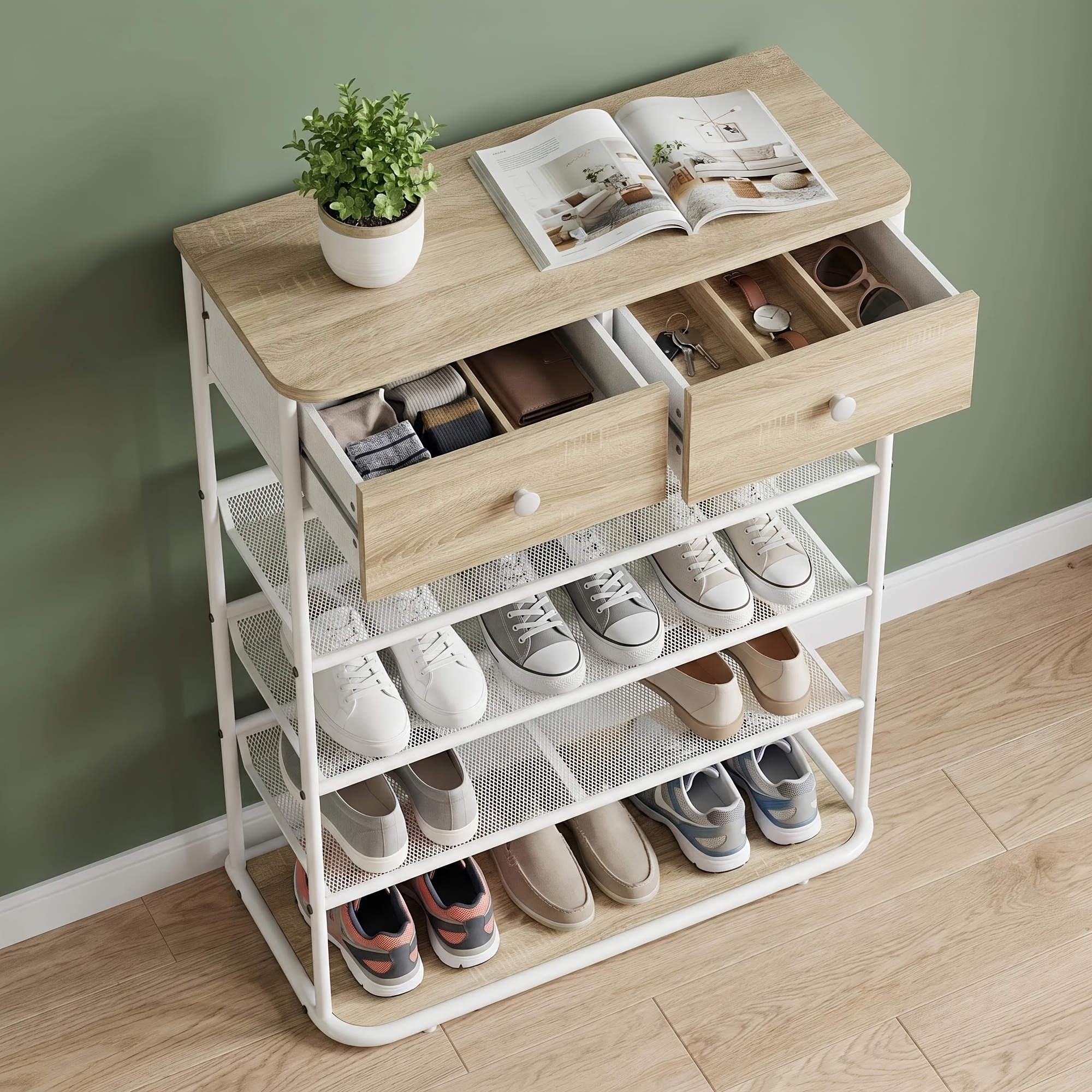 TEMU Shoe Rack With 5 Shelves And 2 Drawers, Adjustable Dividers, Capacity For 16 Pairs. A Stylish And Functional Storage Solution For Your Entryway