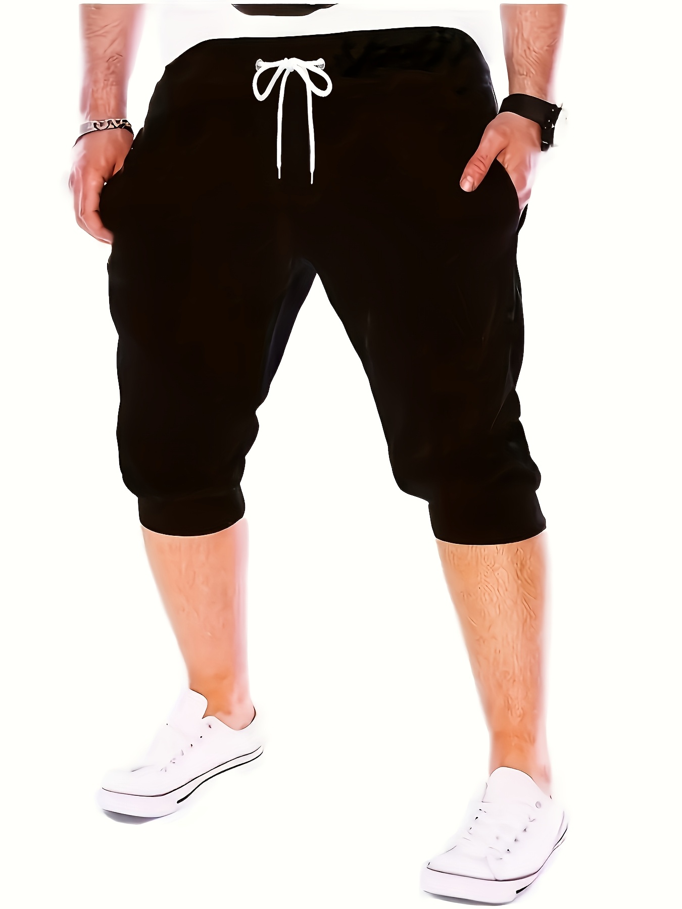 Plus Size *'s 3/4 Length Jogger Capri Pants with Elastic Drawstring Waist  Side Pockets Knee-Length Casual Gym Workout Shorts, Solid Black, PLUS
