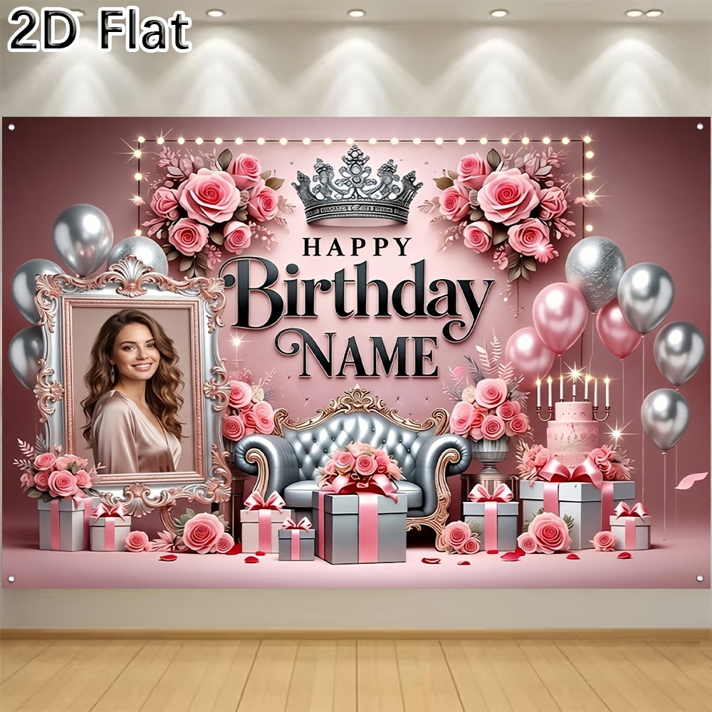 TEMU 2d Flat, [2d Plat] 1pc Party Banner Custom Photo Name Happy Birthday Pink Gift Backdrop For Women Birthday Party Celebration Decoration