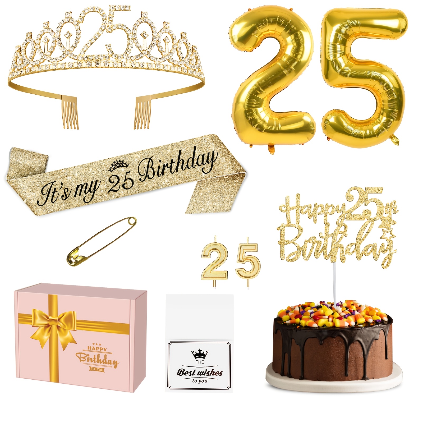 25th birthday decorations for women golden including 25th birthday sash and   cake topper and 25 birthday number number 25 birthday balloons   for women party favor supplies party packs for family