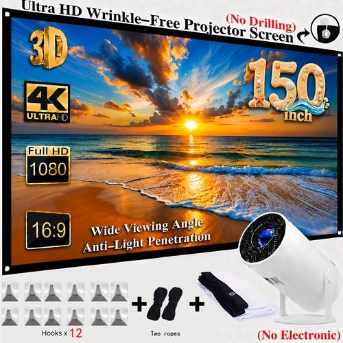 150 inch 4k ultra hd 3d portable projection screen foldable screen suitable for outdoor use 15pcs set projection screen two ropes and hooks compatible with projectors theater office parties presentations no electronics included