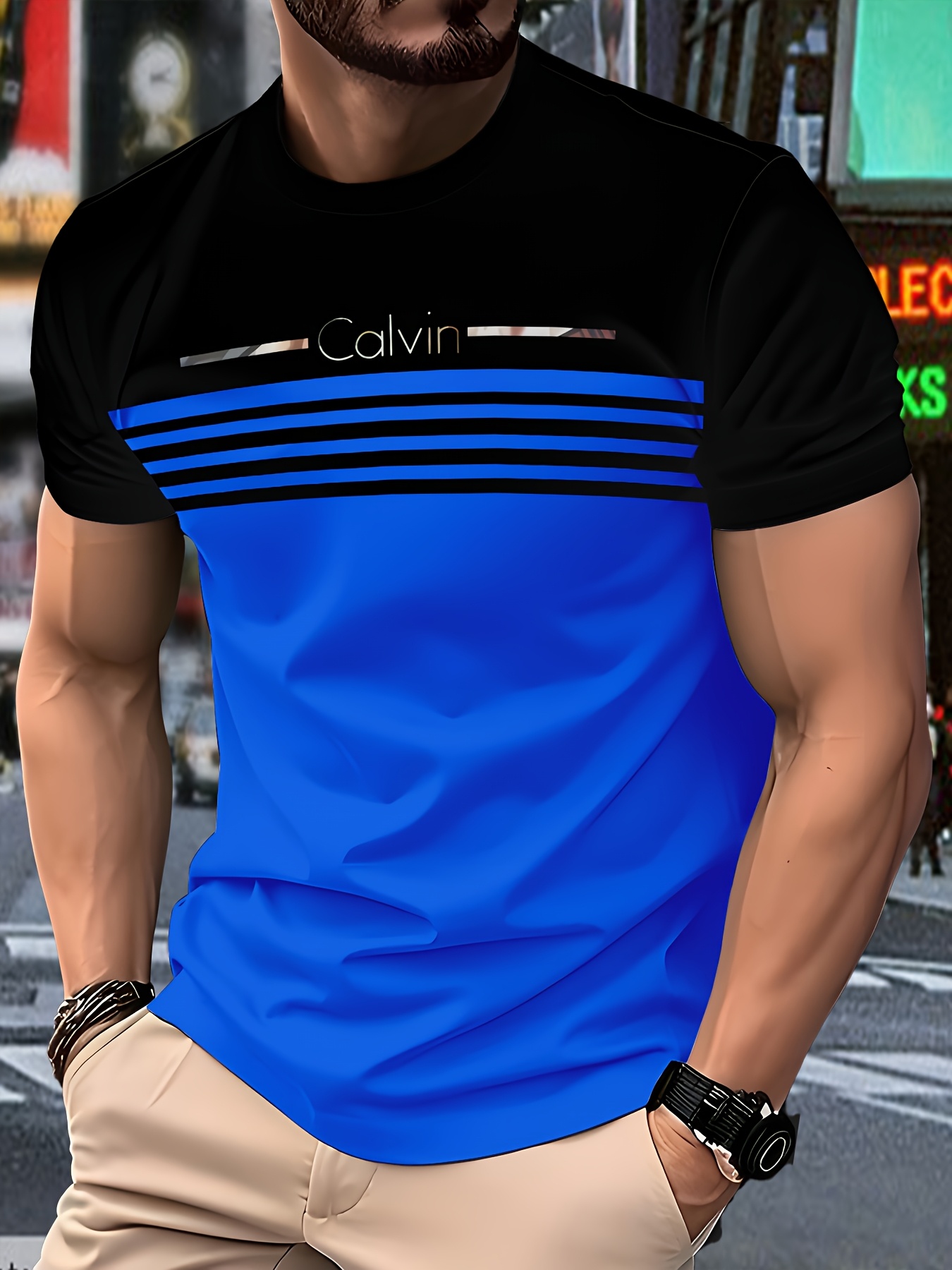 Alternative view of Camiseta ligera y transpirable para hombre con diseño de rayas color block, cuello redondo, mangas cortas, ajuste…