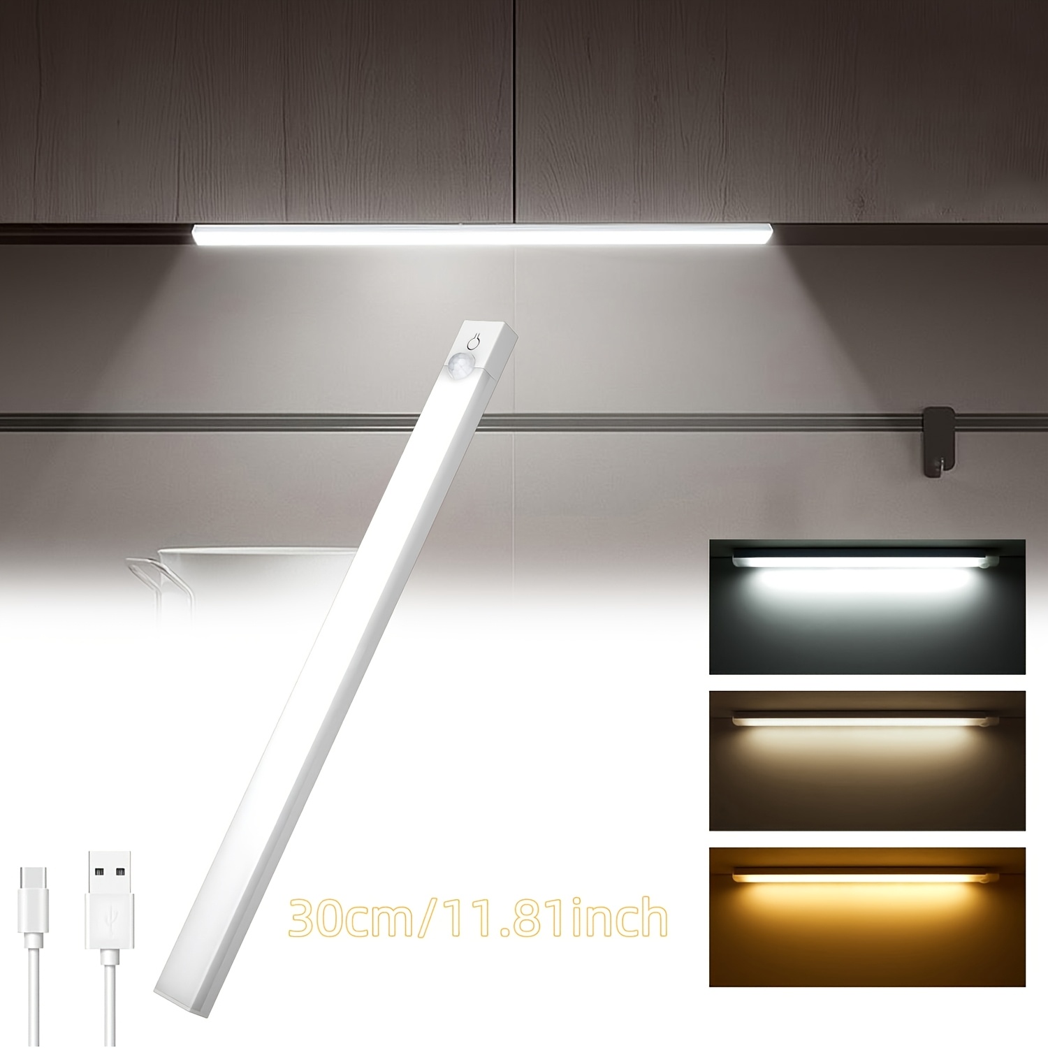TEMU Unterschrankleuchte, USB-Typ-C wiederaufladbare LED-Magnet-Schalter-Nachtlicht mit Bewegungssensor: 3 Farbtemperaturen, stufenlose Dimmung,