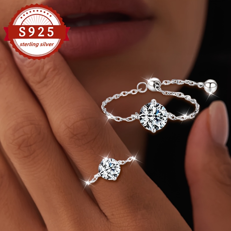 1pc, S925 Silver, Round Synthetic Zirconia Pull-out Adjustable Ring, Ring, Fashionable And Elegant Design, Suitable For Daily Ladies, Hypoallergenic
