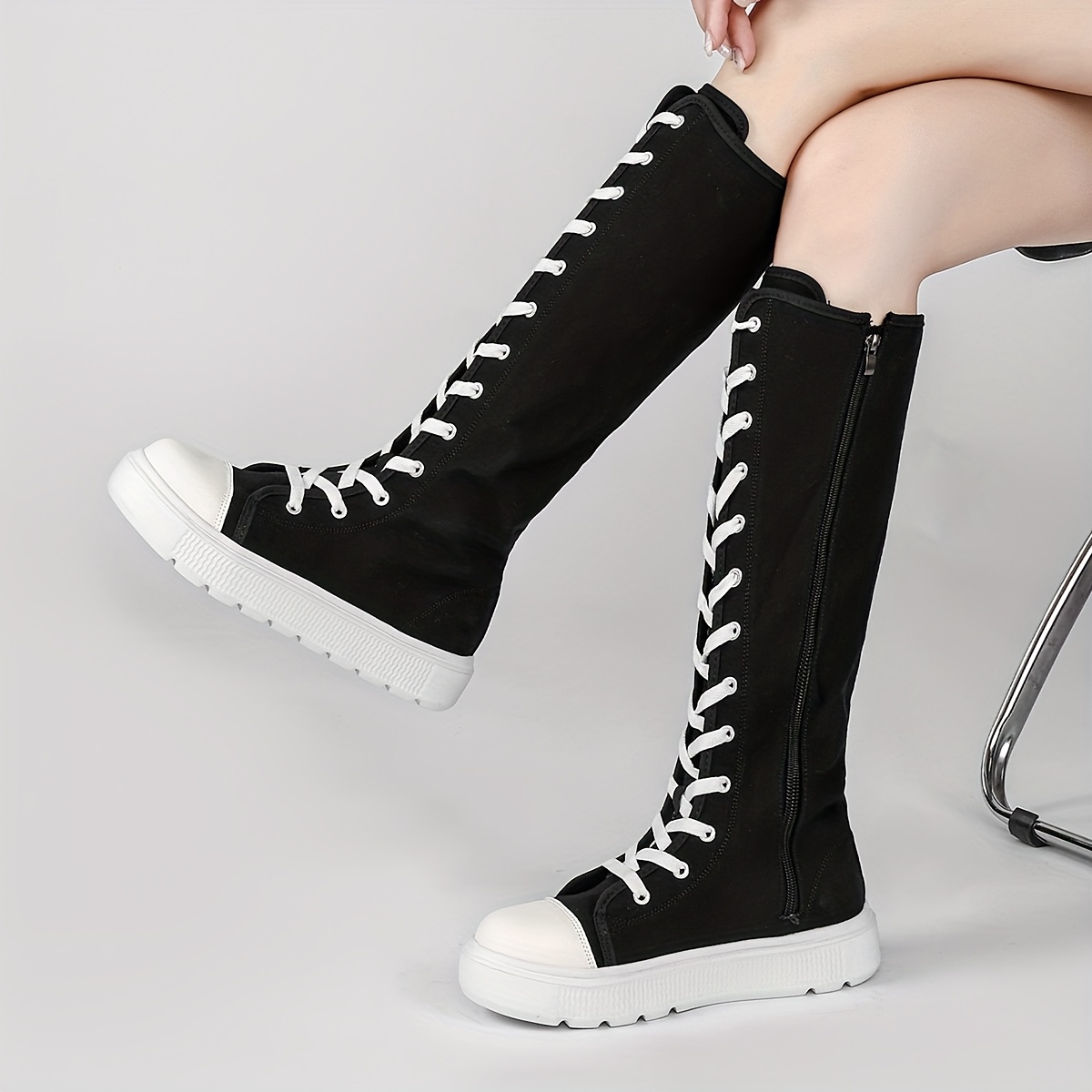 Women's Casual Knee High Boots - Solid Color, Side Zipper, Fabric Upper & Insole - All-Season Wear | Low Heel & Soft EVA Sole | Hand Wash or Dry Clean