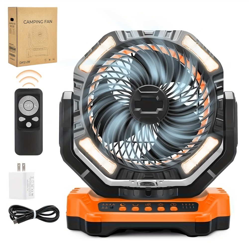 TEMU Sakerplus Rechargeable Camping Fan-40000mah Battery Powered Tent Fans With Led Lantern, Hanging Hook, Auto-oscillating, Quiet Portable Ceiling Table Fan For Car Travel Rv Camp Hurricane Emergency