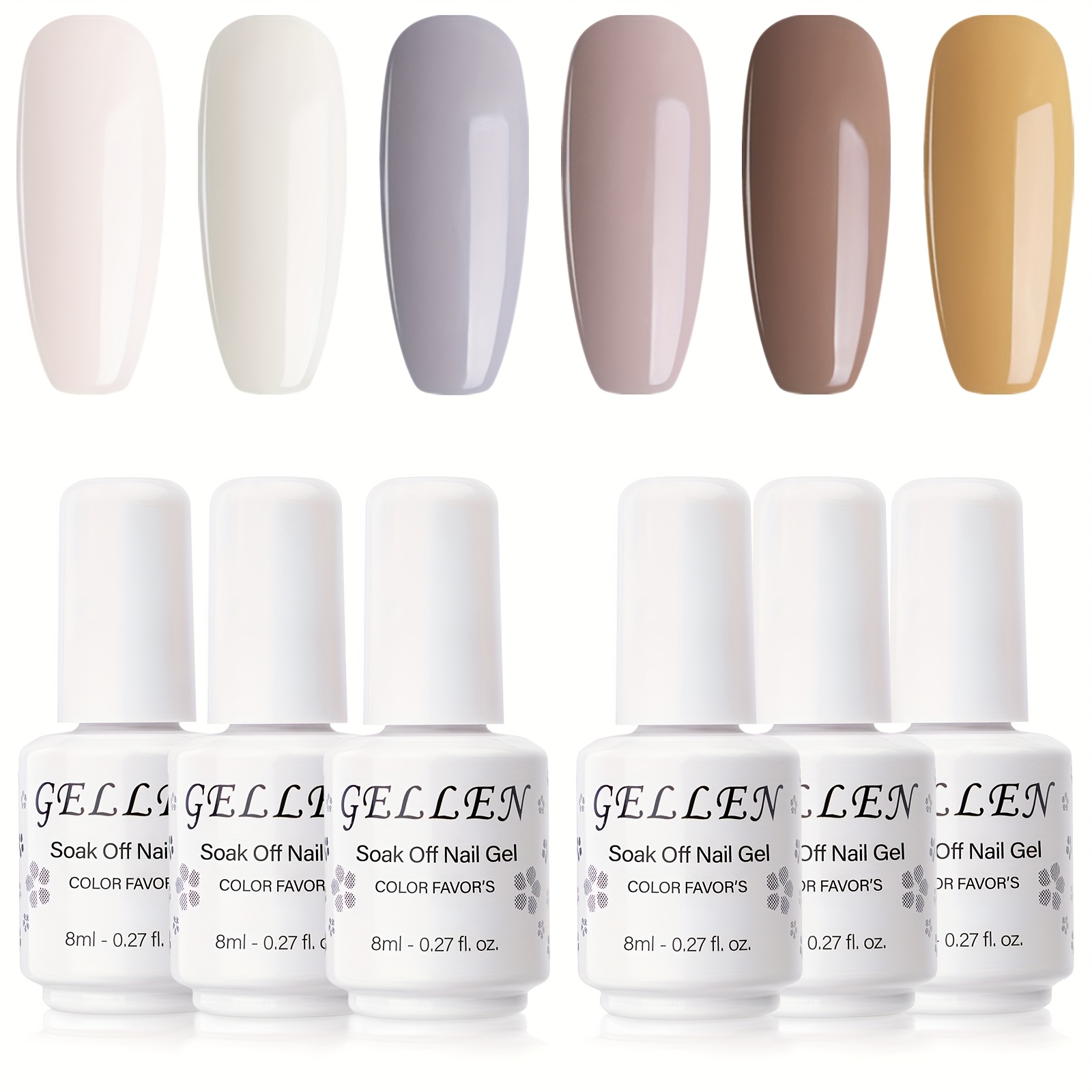 TEMU Set de 6 vernis à gelée Gellen, vernis gel blanc, marron, jaune foncé, transparent, kit de gel à lumière à faire tremper pour manucure DIY à