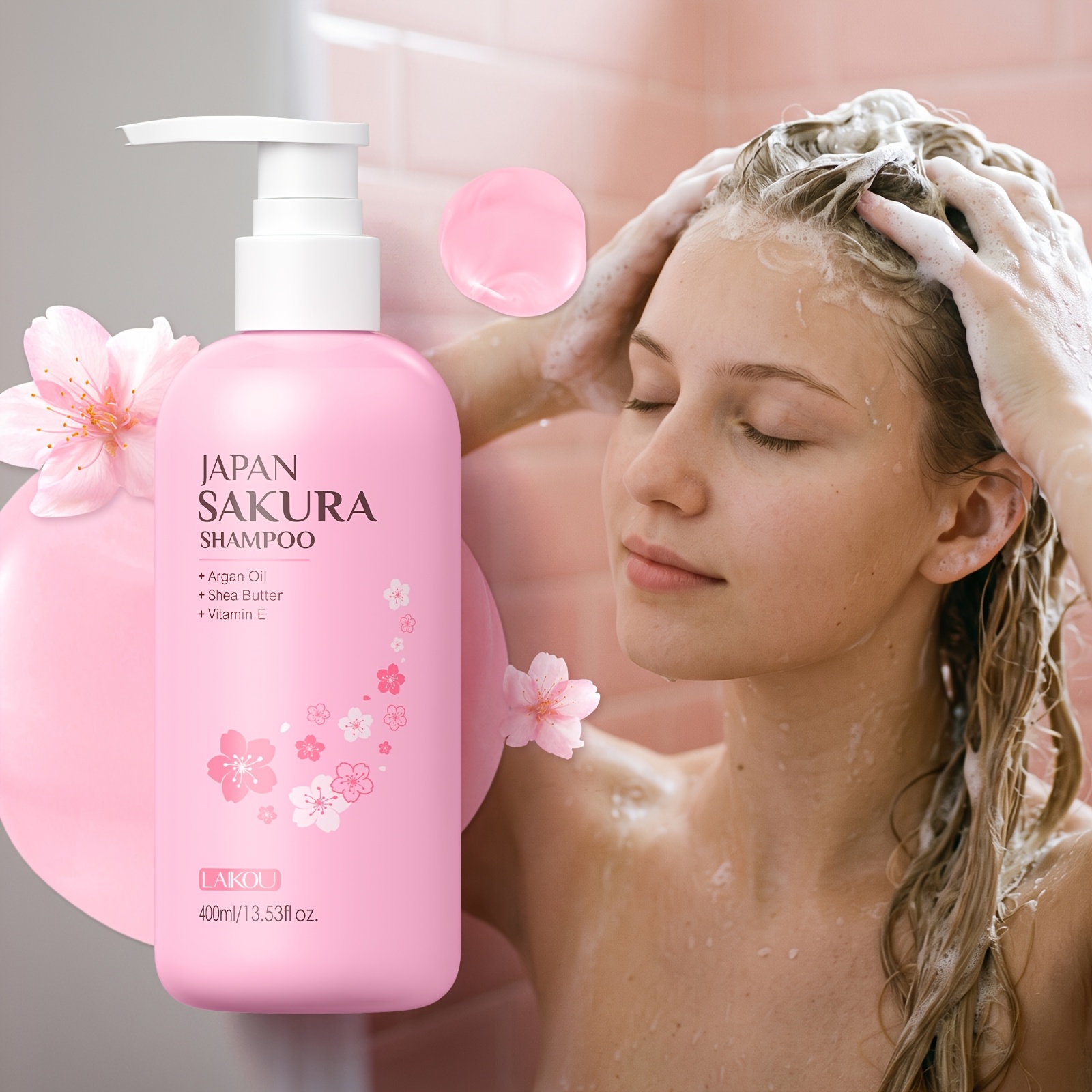 Laikou Sakura Shampoo 400ml, , Contain Vitamin E, Argan Oil & Shea Butter