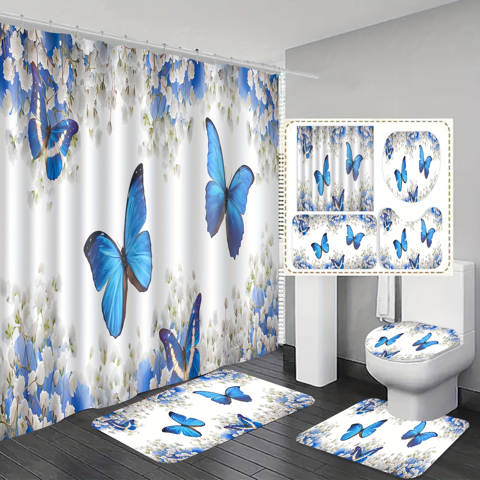 

Jit1/3pcs Set Pattern Shower Curtain Set, Non-slip Bathroom Carpet, U-shaped Mat, Toilet Seat Cover Mat, Bathroom Decoration
