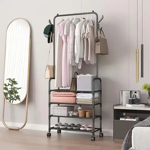 4 5 layer mobile coat rack with pulleys easy to assemble storage and space saving 3 in 1 with shoe rack single bar storage with hooks support for hanging clothes and bags suitable for home bathroom doorway bedroom metal coat rack