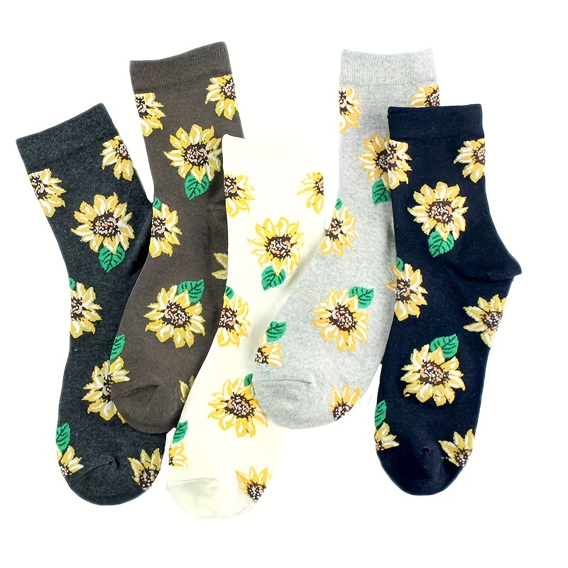 TEMU 5 Pairs Of Women's Mid-tube Socks, New Autumn Style, Sunflower, , Cute, Sunny, Fashionable, Individual, Academy Style, Women's Socks