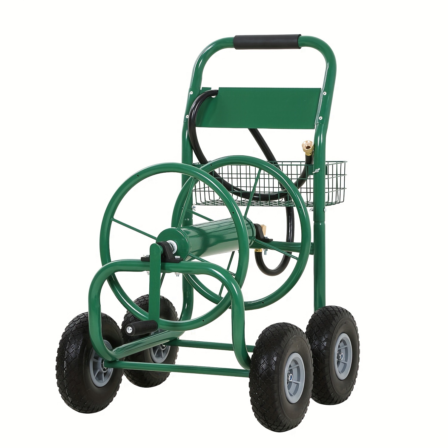 

4-wheel Garden Hose Reel Cart With Storage Basket, Portable Residential Hose Reel Cart, Lawn Watering, For Garden Backyard And Farm