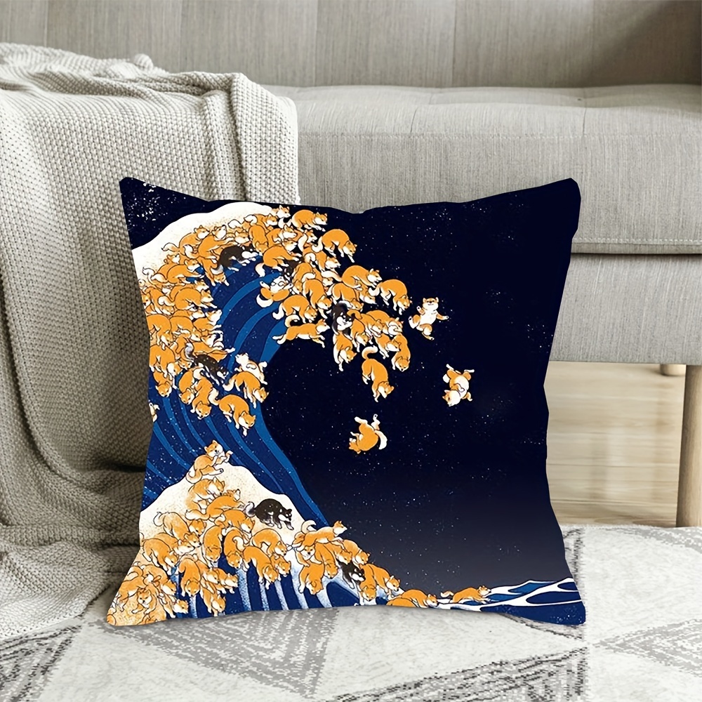 

Great Wave Night Theme Throw Pillow Cover, Contemporary Short Plush 18x18 Inch, Machine Washable, Zippered Decorative Pillowcase For Sofa, Bed, Home And Office Decor - Polyester (1pc)