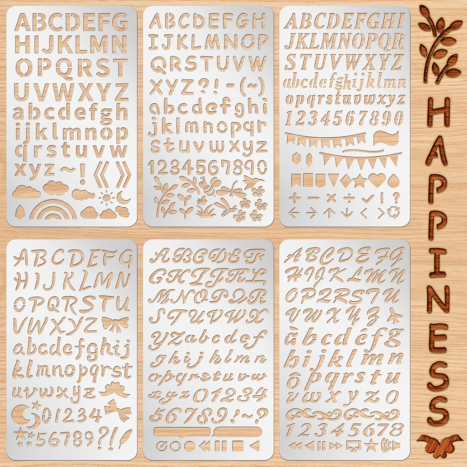 E-shop 6 Stück gemischte Buchstabenschablonen, PET, weiße Hohlschablone für Holzverbrennung, Schablone für Holzschnitzerei, , Tagebuch, Basteln, DIY