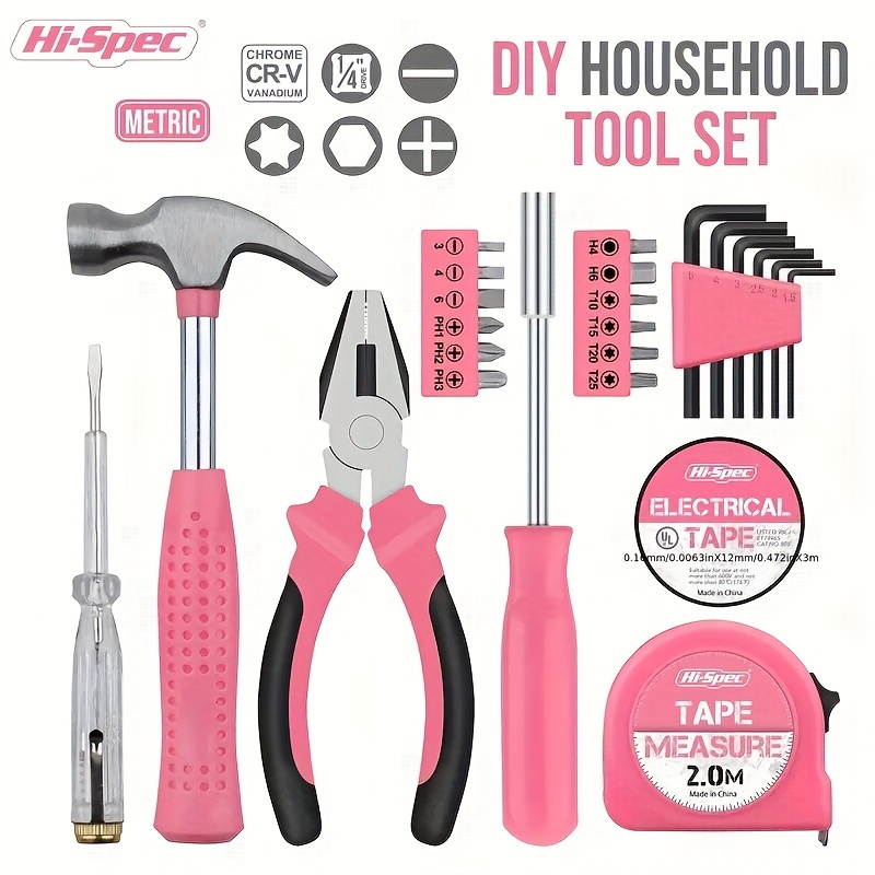 13 piece pink home tool set with carbon steel pliers tape measure repair tools compact uncharged diy household tool kit with full size screwdriver bits no assembly required details 0