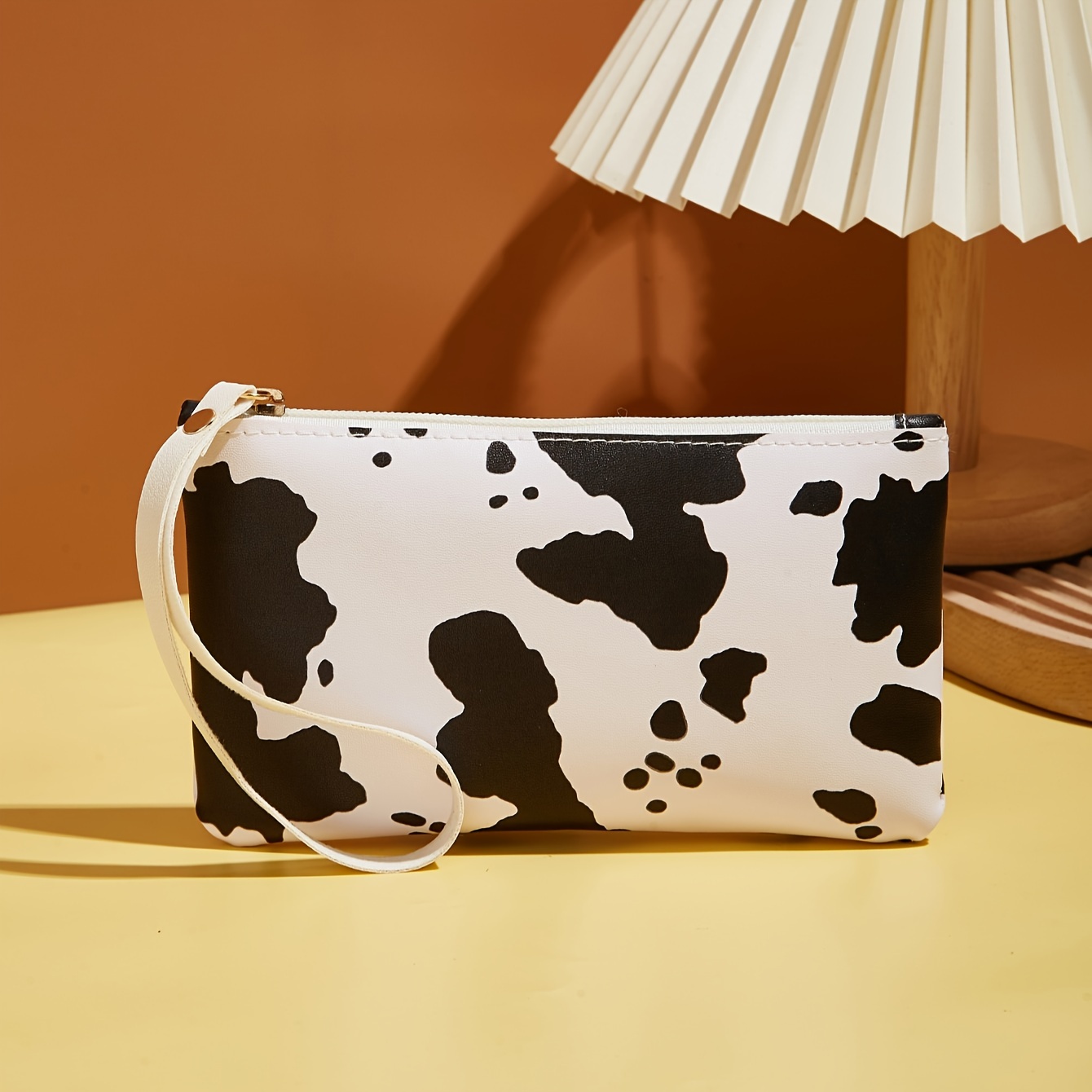 

Chic Cow Print Clutch Wallet For Women, Black And White, Casual Style, 7.48 X 4.35 Inches, Versatile Small Bag With Wrist Strap
