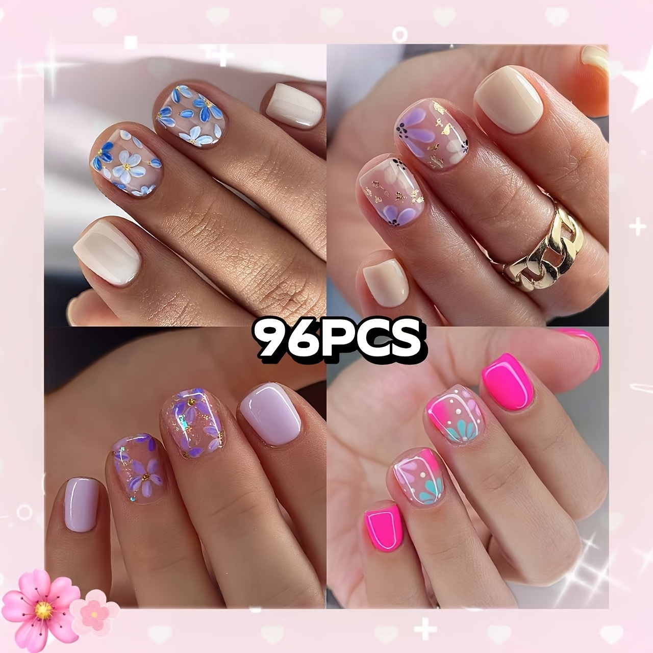 TEMU 96pcs Of Short Square Fresh Light Blue And Pink Floral Nails, Purple Gradient Small Flower Nails, Vintage Blue Small Flower White Nails, Yellow