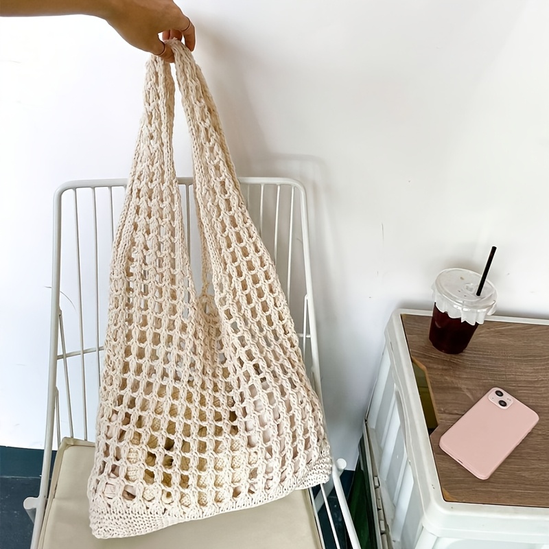 TEMU Fashion Women Summer Beach Crochet Tote Bag Aesthetic Bohemian Woven Knit Hollow Out Shoulder Bag Beach Bag