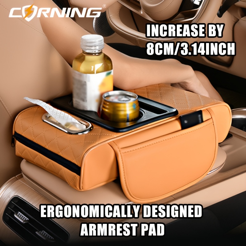 

Corning Car Armrest Cushion With Dual Cup Holders & Box - Embroidered Checkered Design, Fits Front Or Rear Seats, Pvc Leather Organizer For Cars & Suvs, Second Row , 2 Pockets