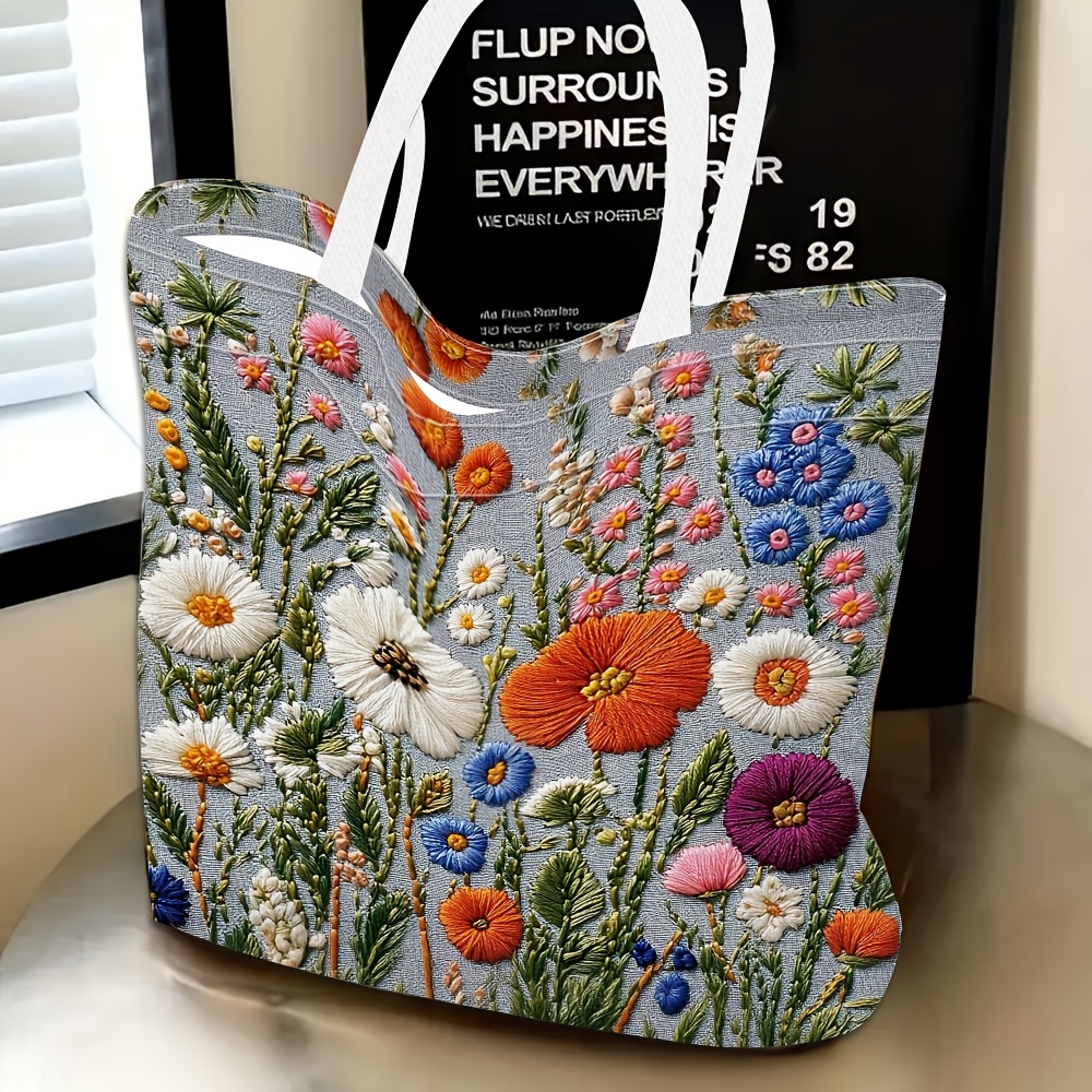TEMU 1pc Women's Hemp Single-shoulder Bag With Embroidered Floral & Suitable For Suitable For Use Tote Or Clutch, Lightweight Spacious Handbag For