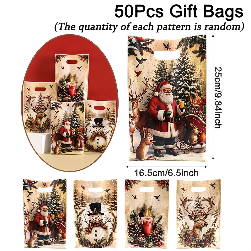 TEMU Gift For Her/him 10/20/50pcs Retro Christmas Gift Bags, Rustic Farmhouse Santa Elk Snowman Candle Design Treat Bags With Handle, Winter Woods