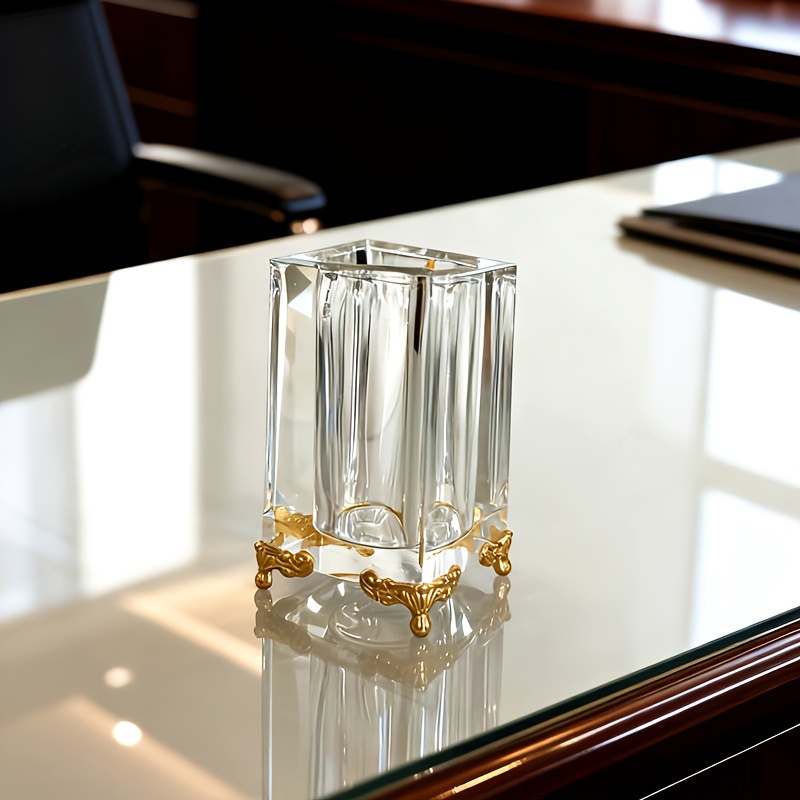 TEMU Bocal de rangement en cristal de style européen avec base en métal, porte-stylo en cristal, rangement et organisateur de bureau, boîte à fil