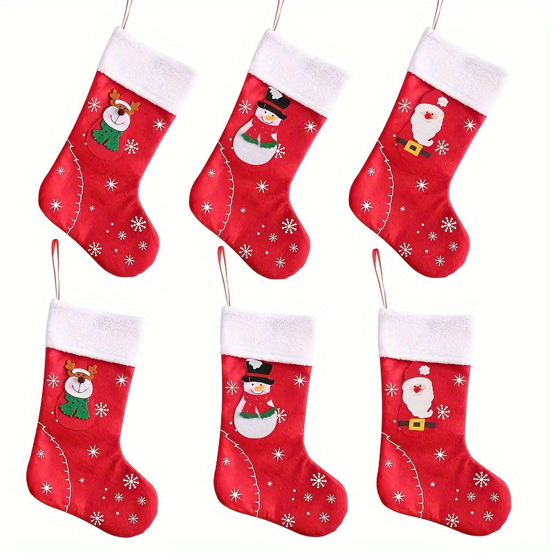 

6pcs Vintage Christmas Stocking Set - Polyester Holiday With Santa, Snowman & Reindeer Designs For Tree Decoration