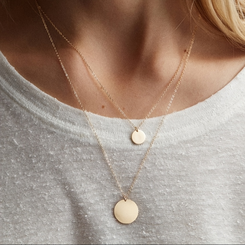 2pcs Double Layer Necklace Stainless Steel Round Pendant Short Chain
