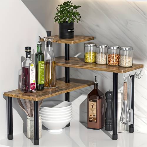 item picture 1pc corner storage shelf organizer space saving 3 tier kitchen shelf with wood look trays black metal frame spice jars coffee pods utensils organization gift idea corner shelves