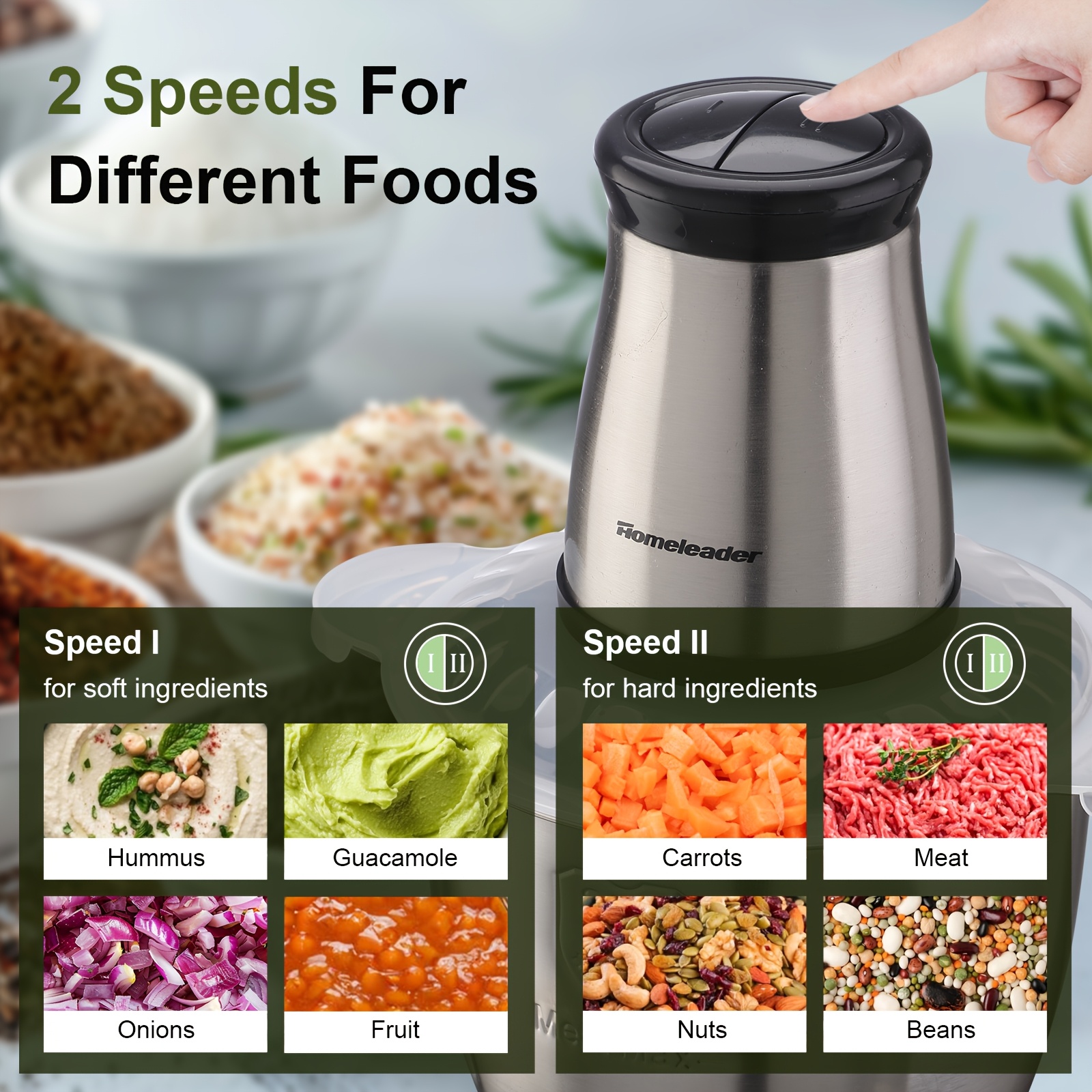  electric food chopper 4 stainless steel dual bowl multi purpose meat vegetable grinder detachable compact easy clean household kitchen food processor Product details 4