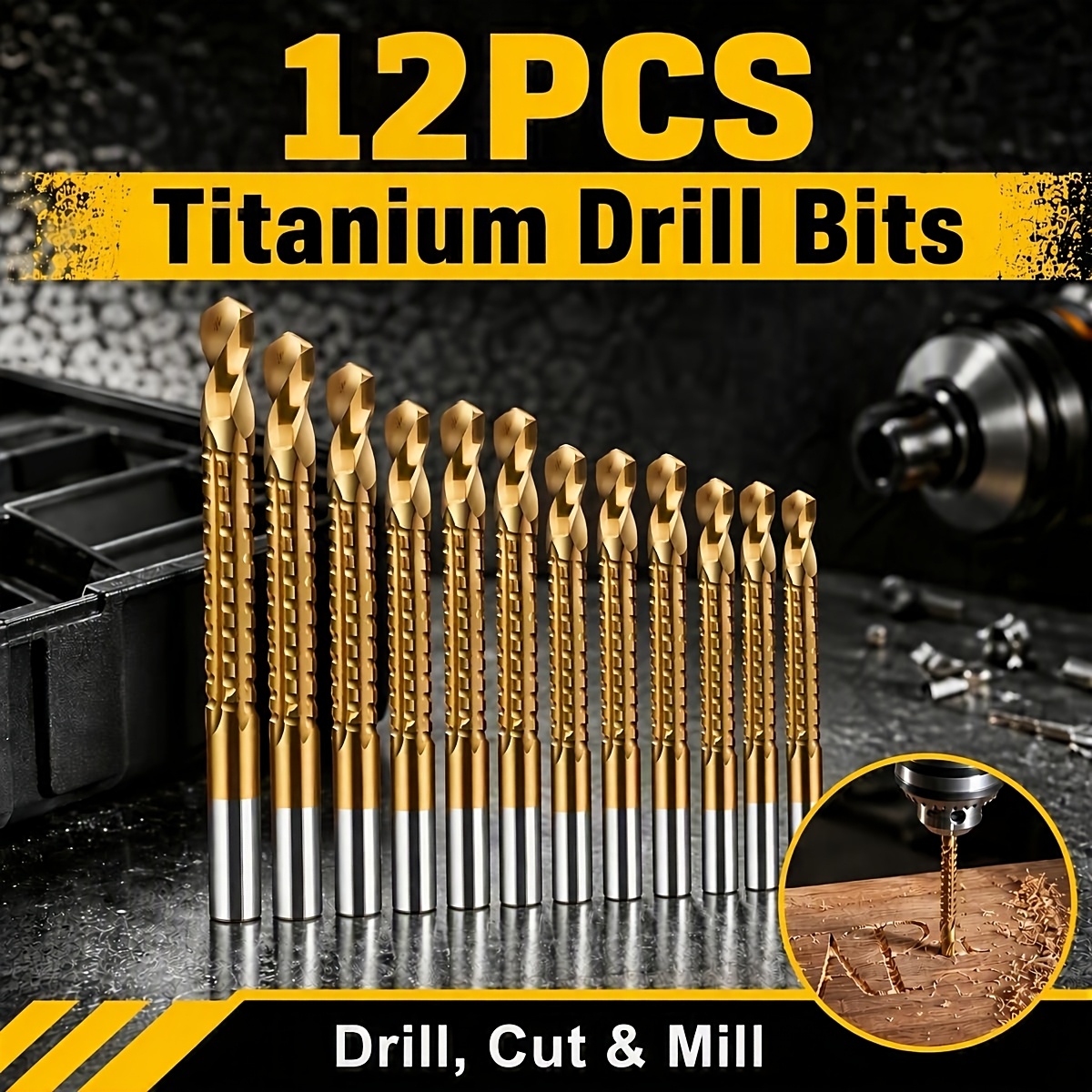 TEMU 12pcs Titanium-coated Serrated Drill Bits - A Versatile Tool For Drilling, Cutting, And Slot Milling, Specifically Designed For Use On Metal,
