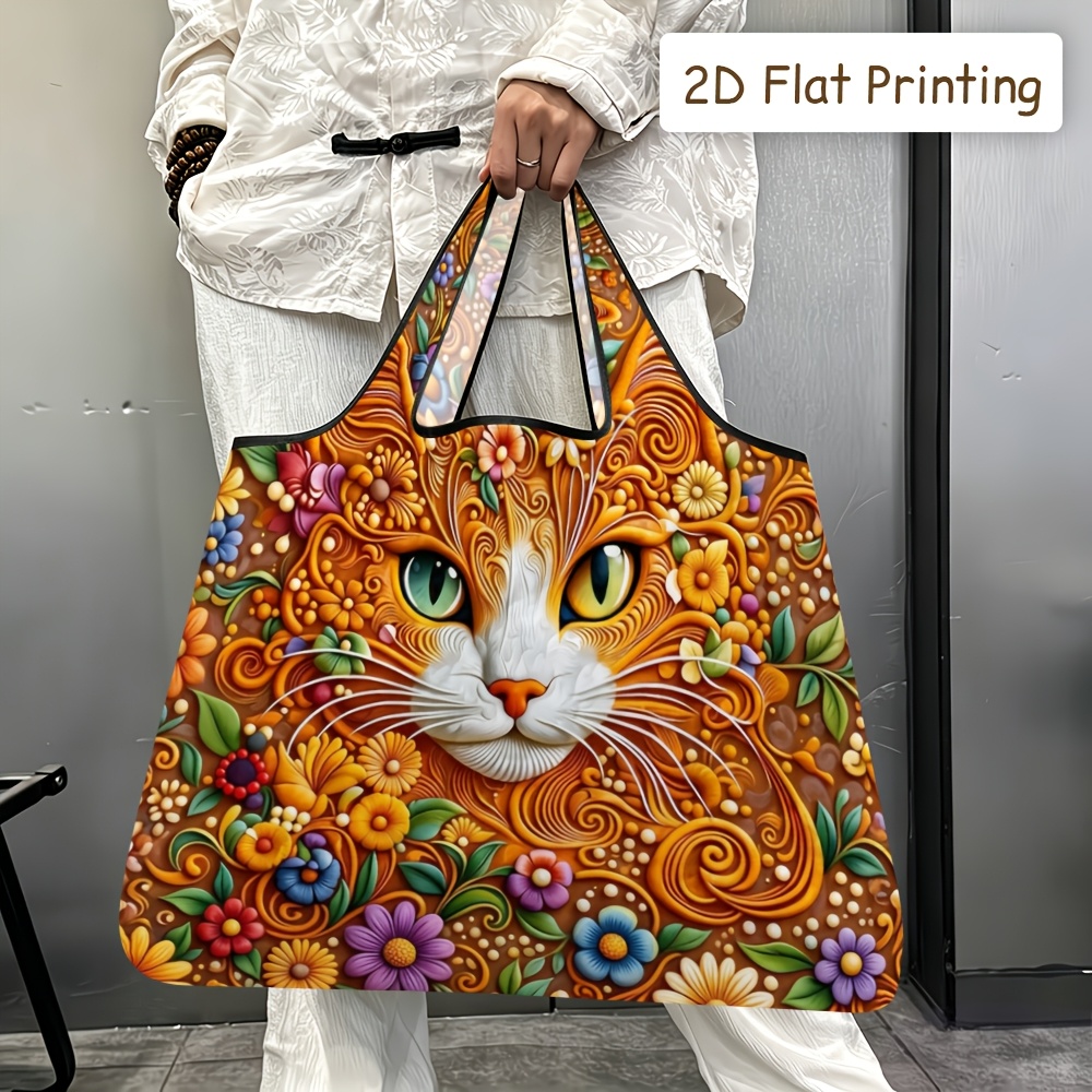 TEMU 2d Flat Printing, 1pc Foldable Tote Bag, Gorgeous Floral Cat Decorative Painting Quilted Printed Tote Bag, Soft-shouldered, Hand-held, Reusable,