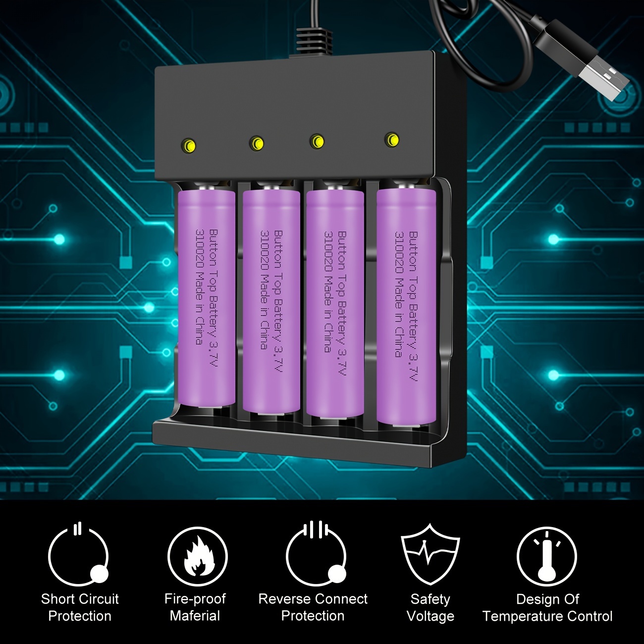 4PCS 18650 Rechargeable Batteries and USB Battery Charger for rechargeable  batteries Suitable for 18650 26650 18500 16340 14500