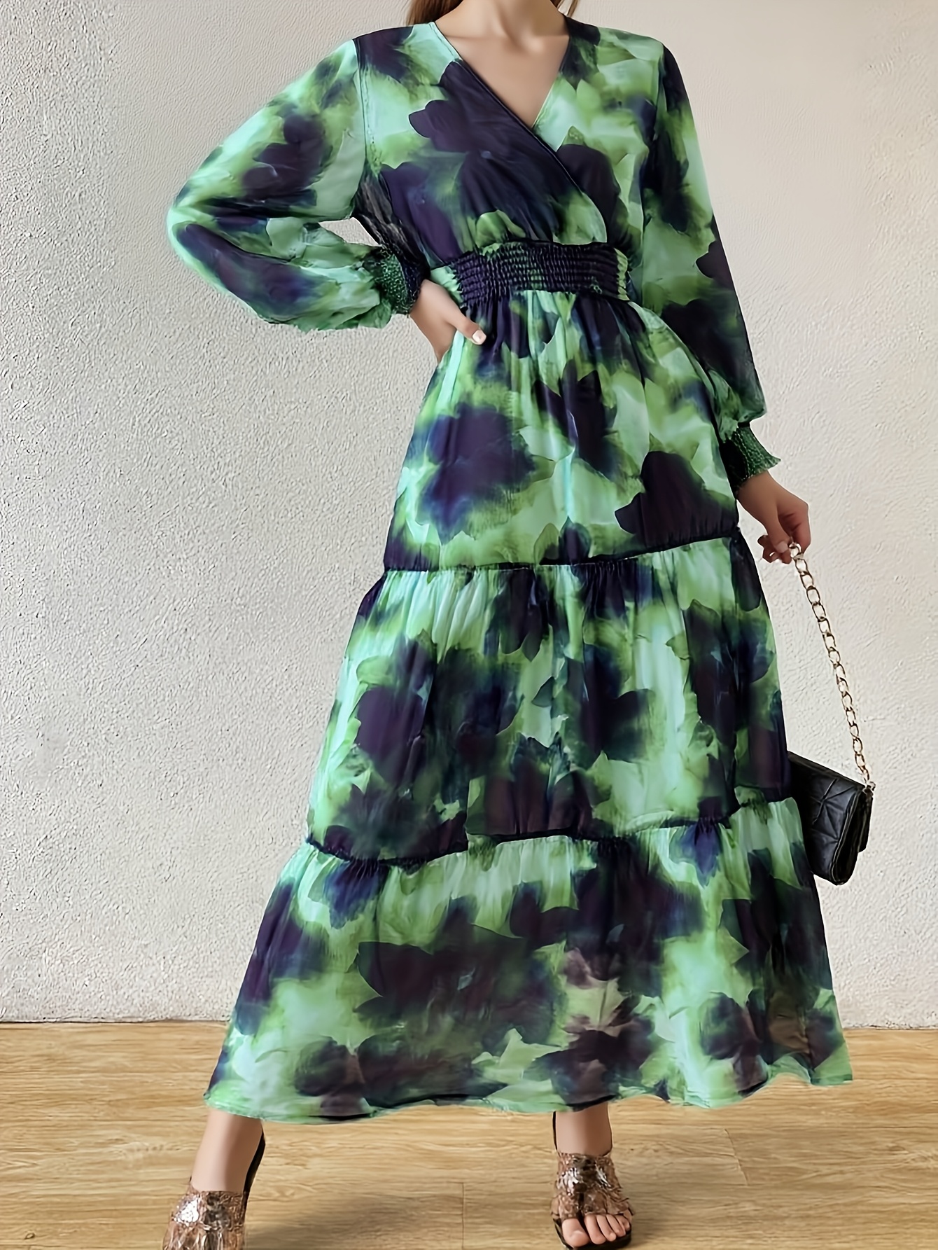 green emerald velvet dress Green Printed Mesh Long Sleeve Bodycon Midi Dress – AX Paris US main image 1
