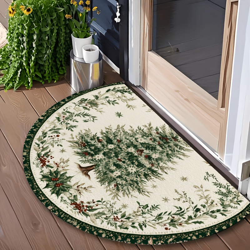 TEMU 1pc Kafulam Semi-circular Suitable For Indoor/outdoor Use, Cream Christmas Tree Mat With Pvc Backing, Machine Washable Entryway Suitable For